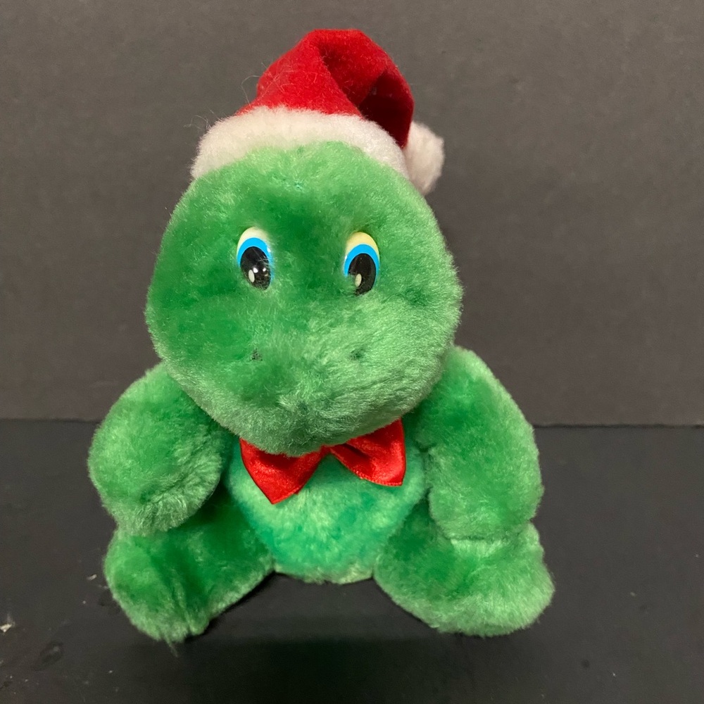 Green Plush Dinosaur with Red Bow. By Westcliff Collection Tinsel